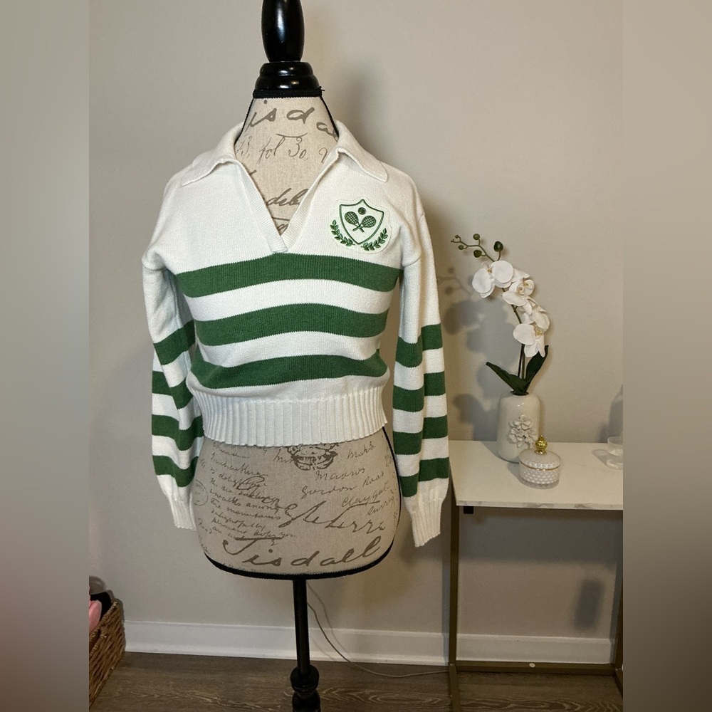 Anthropology Stateside Green and White Striped cropped Sweater - Picture 3 of 12